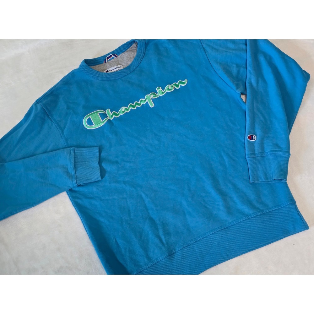 Champion Retro Mens Blue Crewneck Pullover Green Script Logo Fleece Size M Y2K